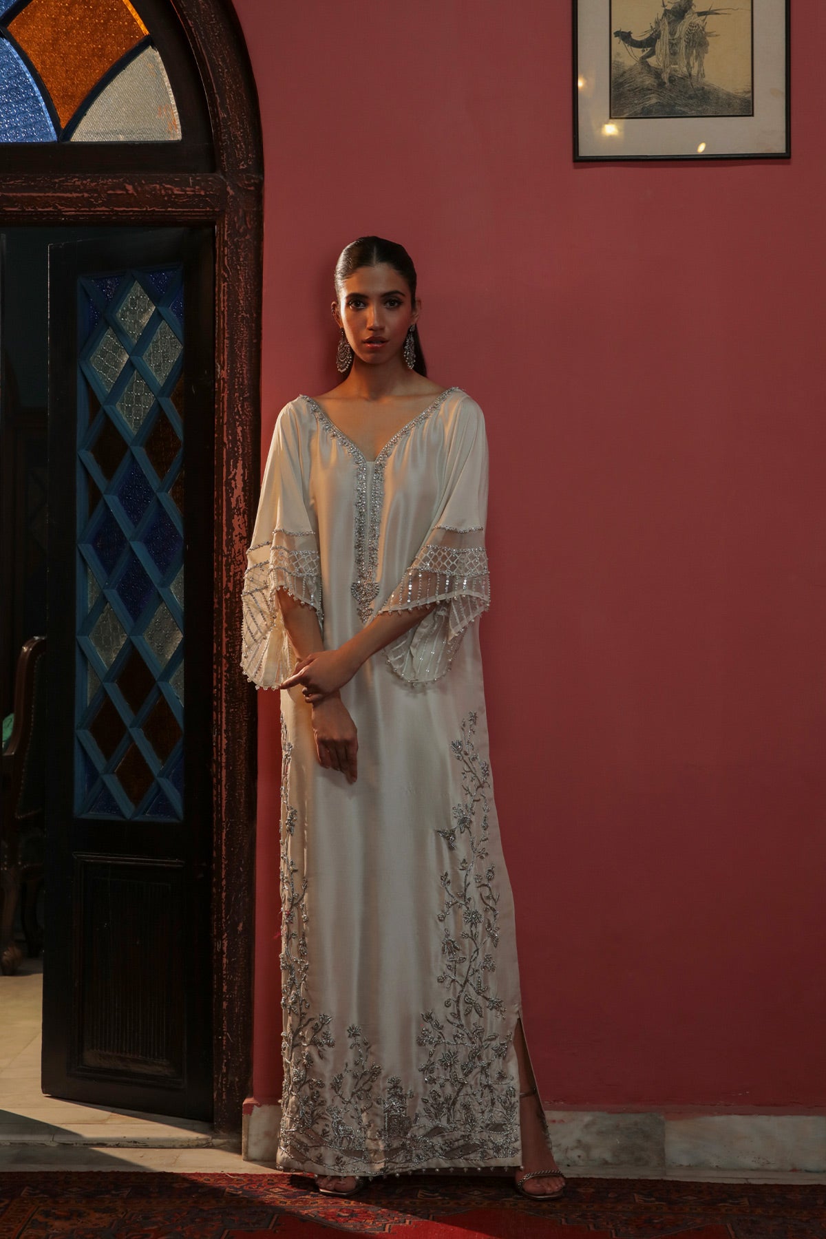 Off White Embellished Raw Silk Kaftan (2-Piece) - Image 3