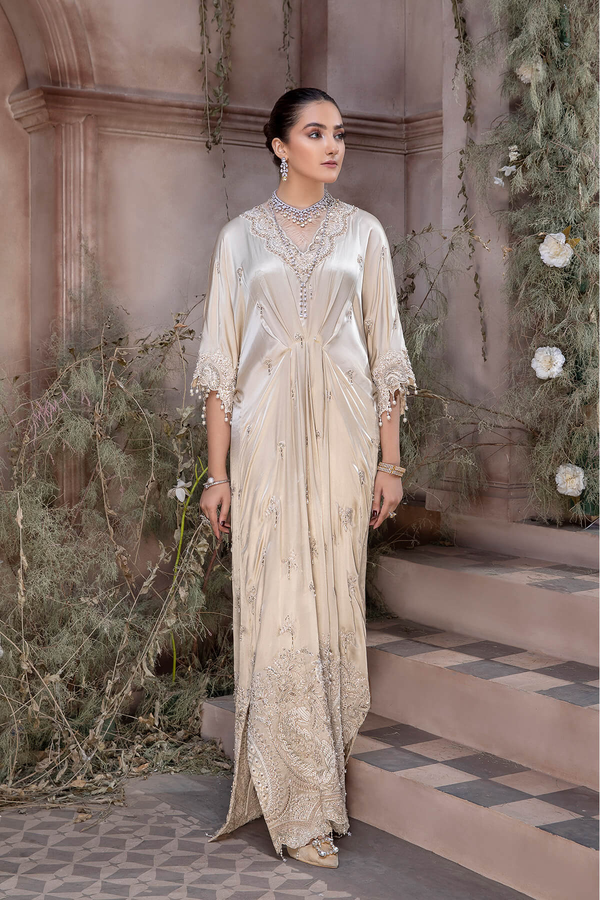 Ivory Embroidered Shamoze Silk Kaftan (2-Piece) - Image 1