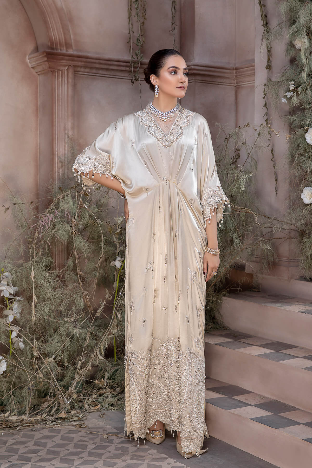 Ivory Embroidered Shamoze Silk Kaftan (2-Piece) - Image 3