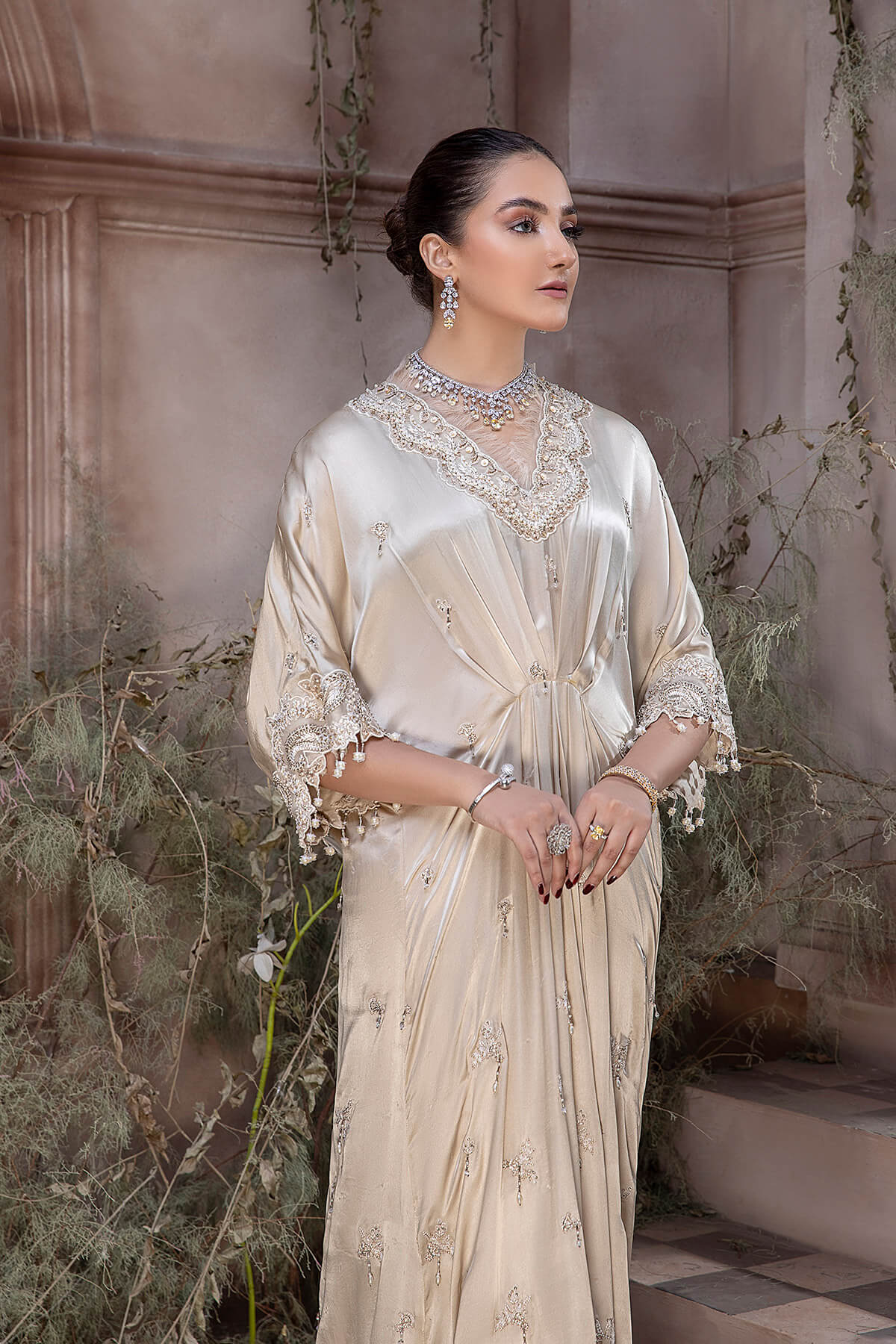 Ivory Embroidered Shamoze Silk Kaftan (2-Piece) - Image 6