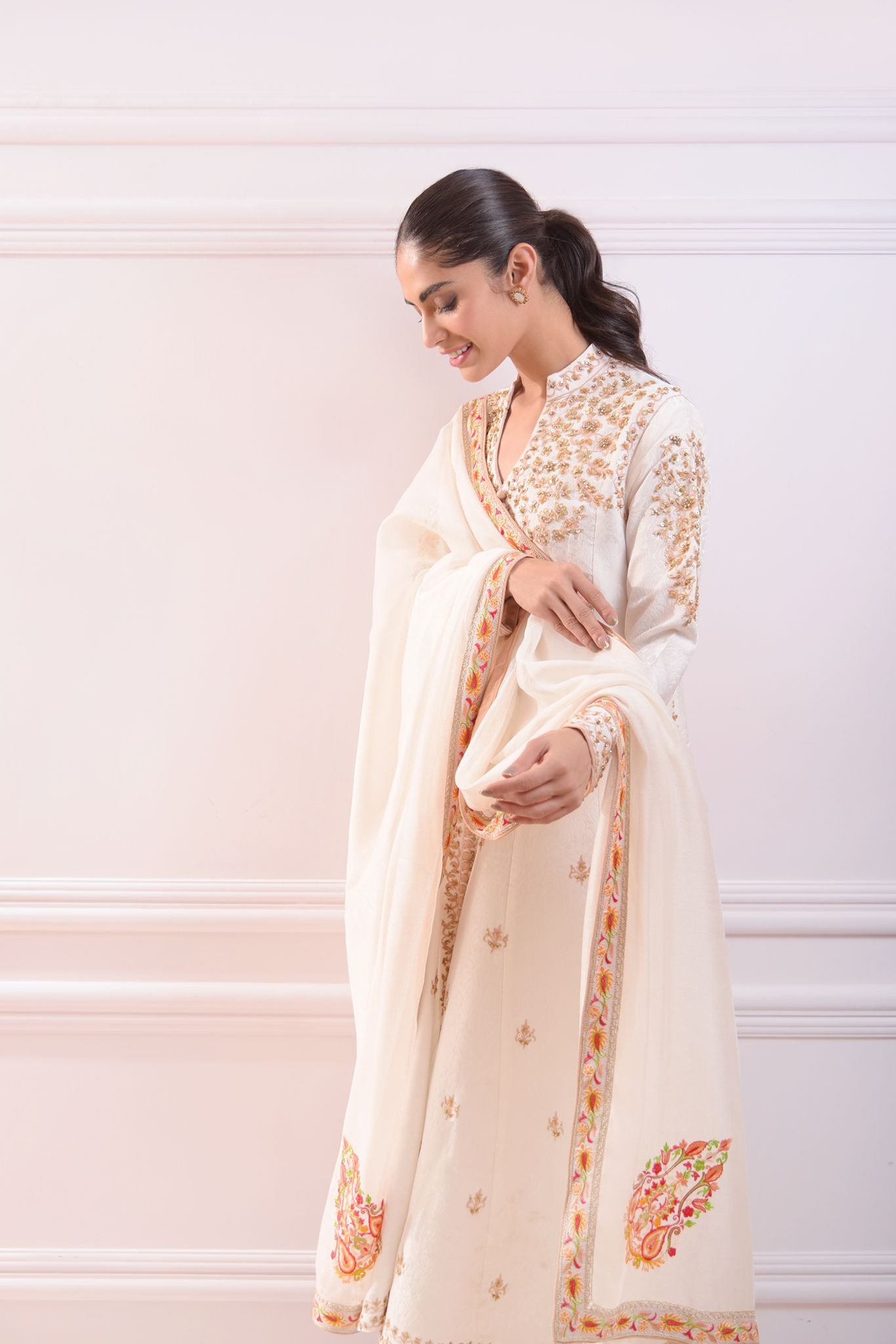 Pakistani Ivory Ari Embroidered Brocade Kalidar (3-Piece) - Image 1