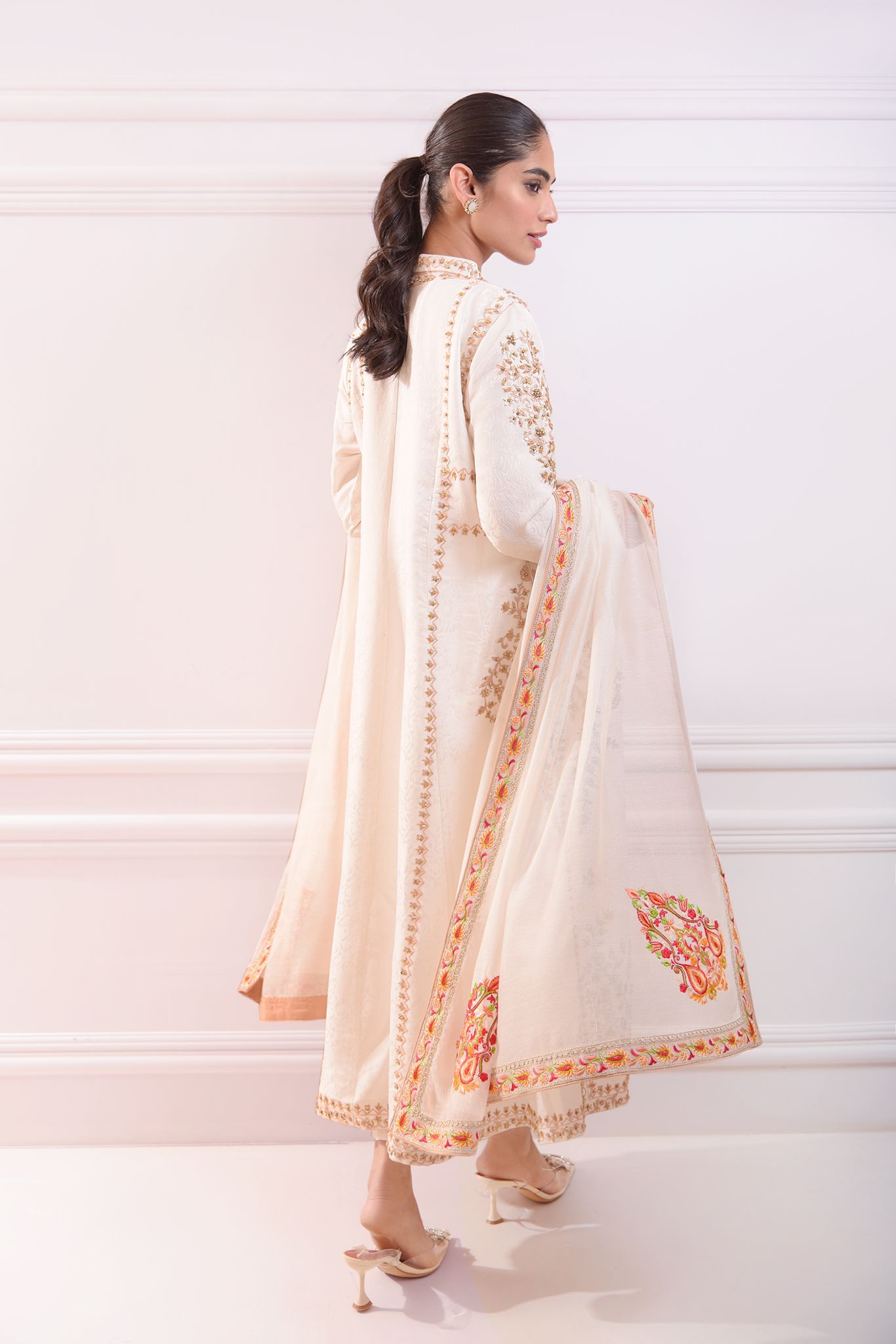 Pakistani Ivory Ari Embroidered Brocade Kalidar (3-Piece) - Image 5