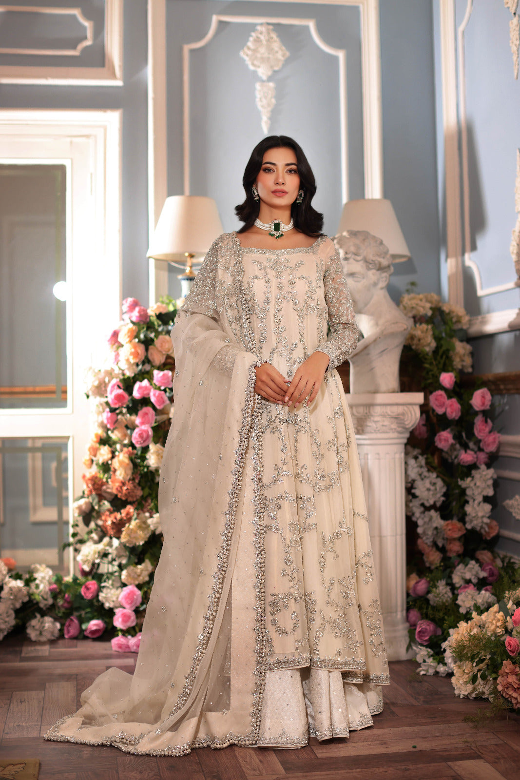 Pakistani Ivory Silver Ada Work Cotton Net Kalidaar (3-Piece) - Image 1