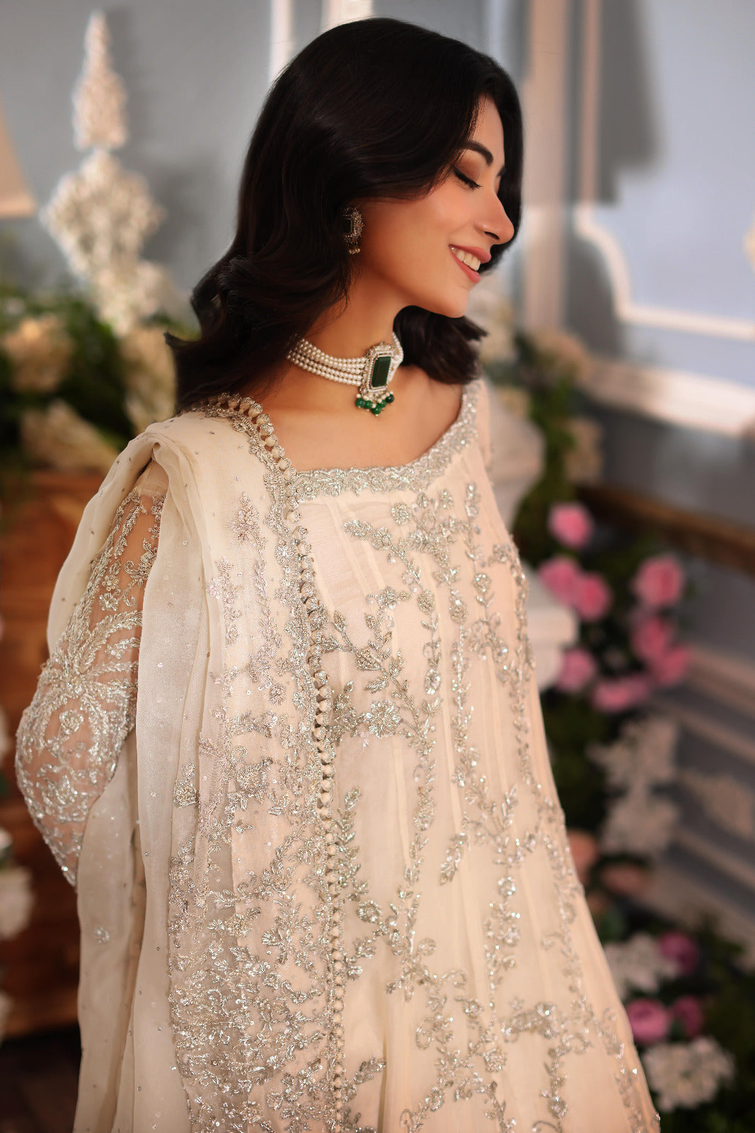 Pakistani Ivory Silver Ada Work Cotton Net Kalidaar (3-Piece) - Image 2