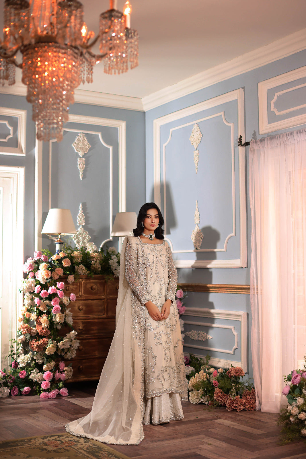 Pakistani Ivory Silver Ada Work Cotton Net Kalidaar (3-Piece) - Image 3