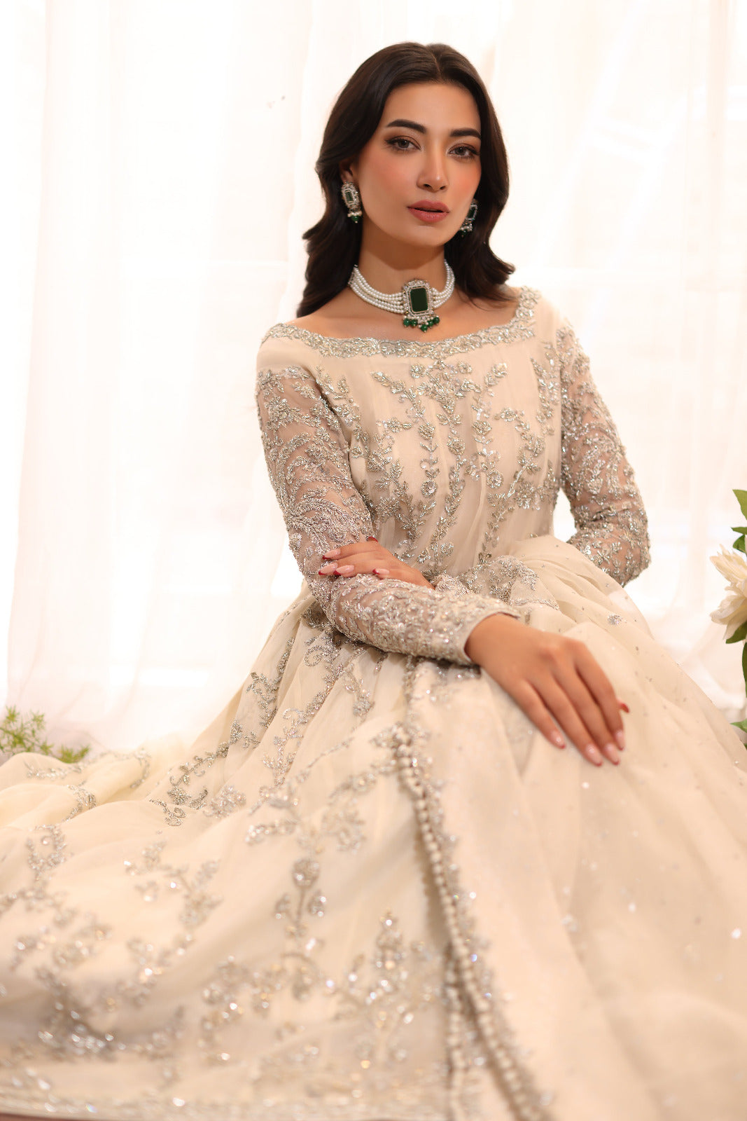 Pakistani Ivory Silver Ada Work Cotton Net Kalidaar (3-Piece) - Image 4