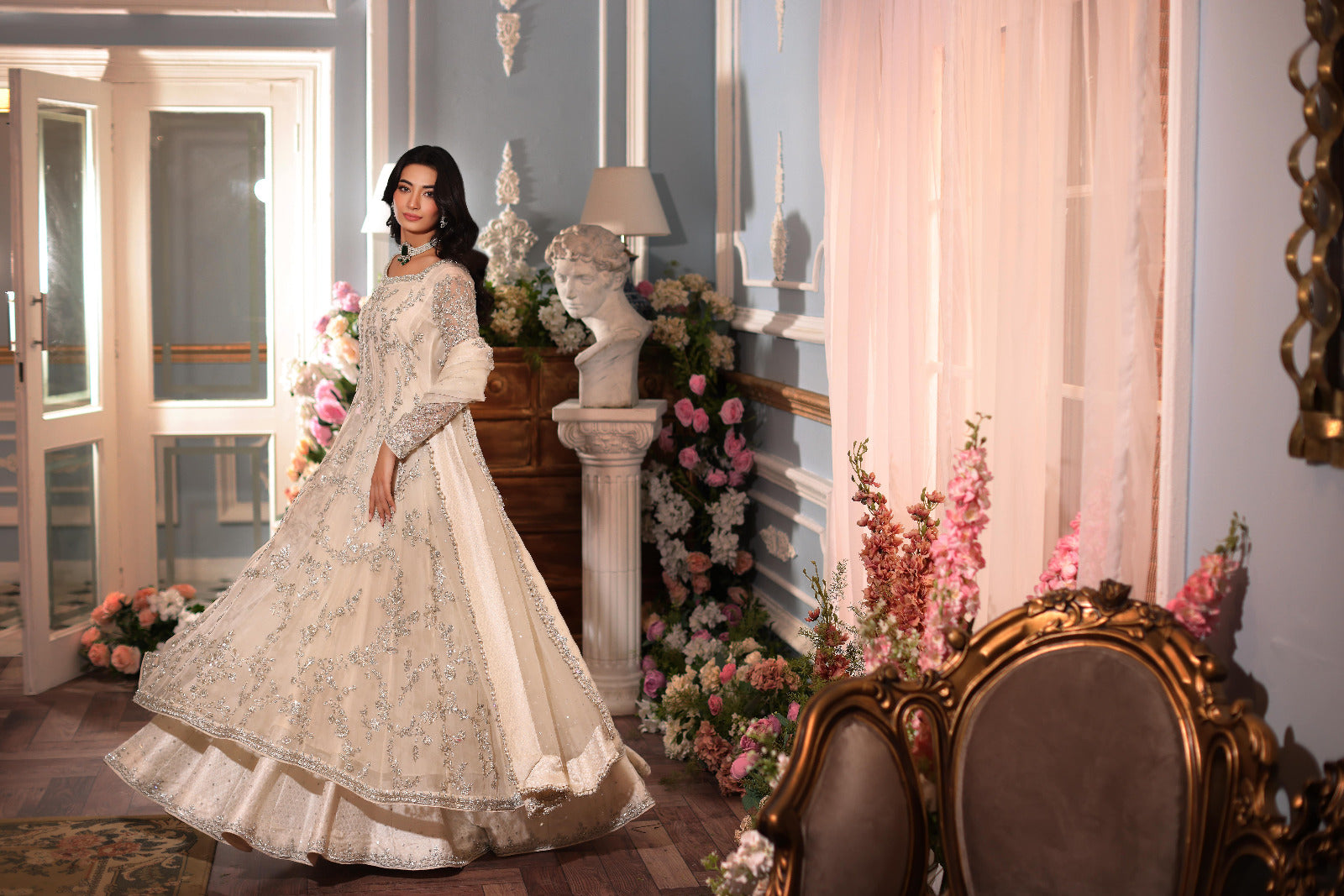 Pakistani Ivory Silver Ada Work Cotton Net Kalidaar (3-Piece) - Image 5