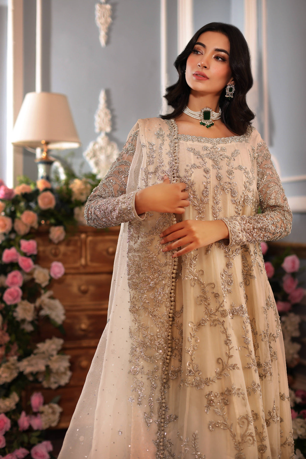 Pakistani Ivory Silver Ada Work Cotton Net Kalidaar (3-Piece) - Image 6