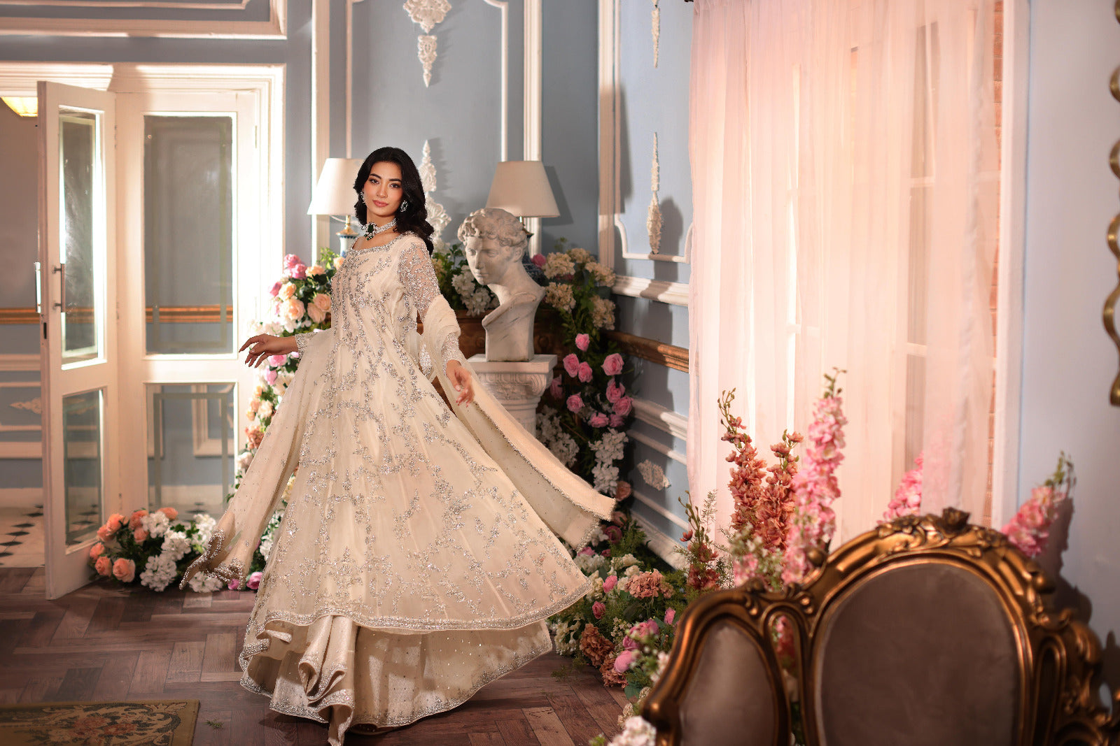 Pakistani Ivory Silver Ada Work Cotton Net Kalidaar (3-Piece) - Image 7