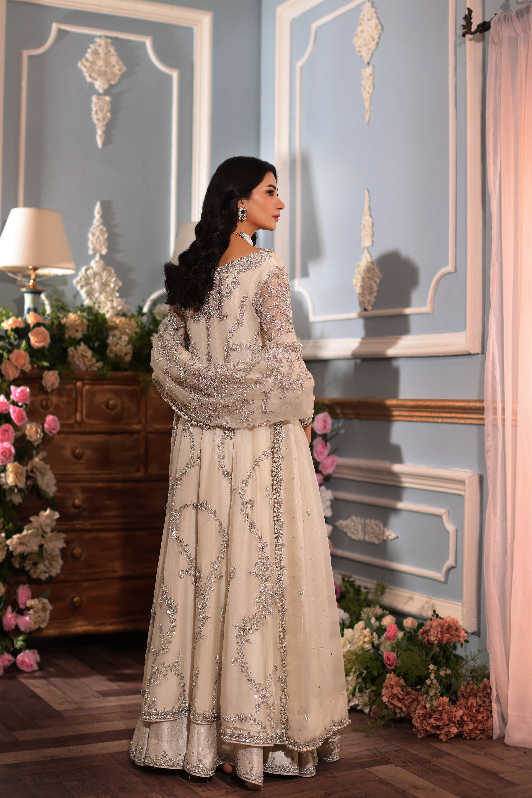 Pakistani Ivory Silver Ada Work Cotton Net Kalidaar (3-Piece) - Image 8