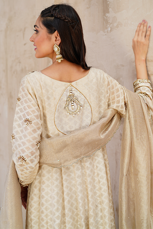 Pakistani Ivory Embroidered Cotton Net Kalidaar (3-Piece) - Image 1