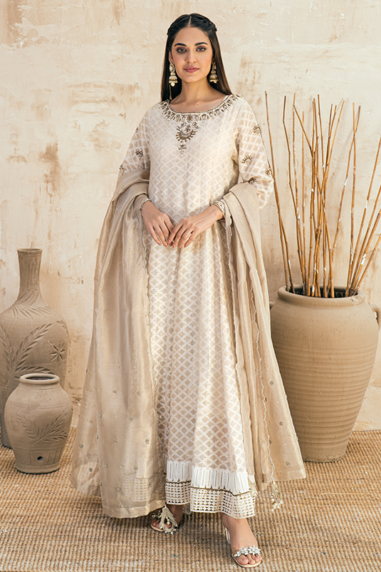 Pakistani Ivory Embroidered Cotton Net Kalidaar (3-Piece) - Image 2