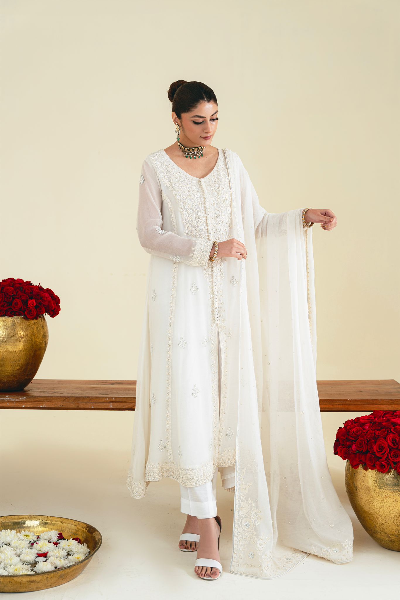 Ivory Embroidered Cotton Net Kalidaar (3-Piece) - Image 1