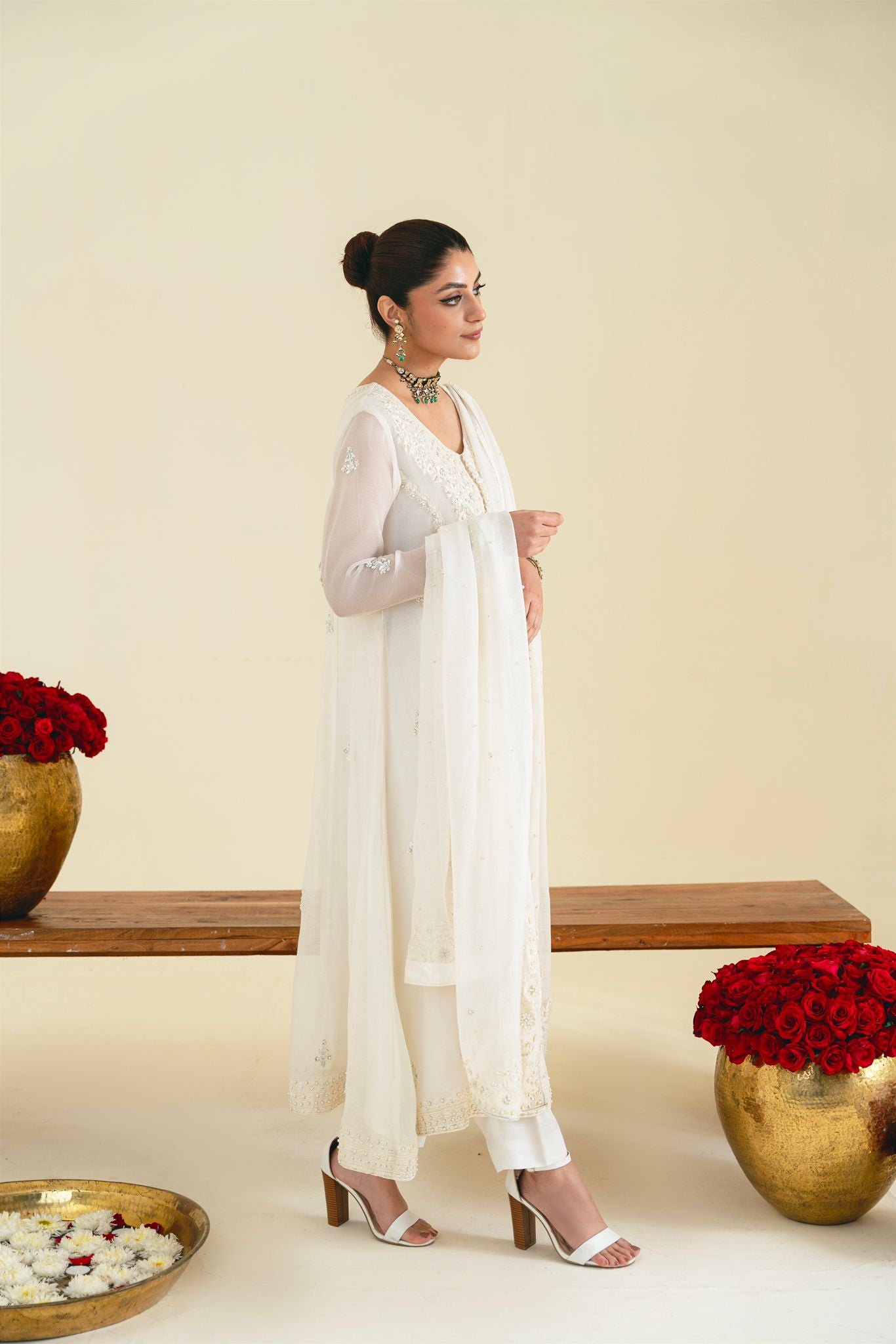 Ivory Embroidered Cotton Net Kalidaar (3-Piece) - Image 2