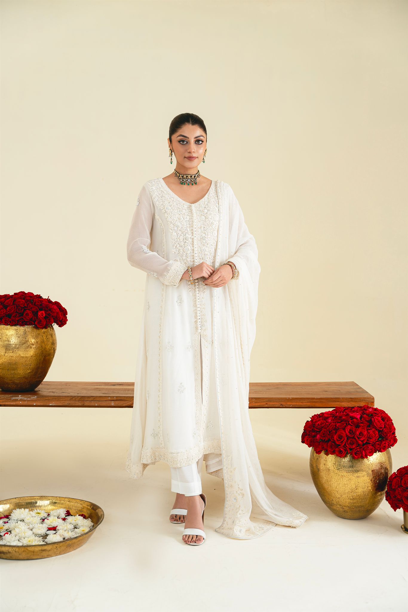 Ivory Embroidered Cotton Net Kalidaar (3-Piece) - Image 4