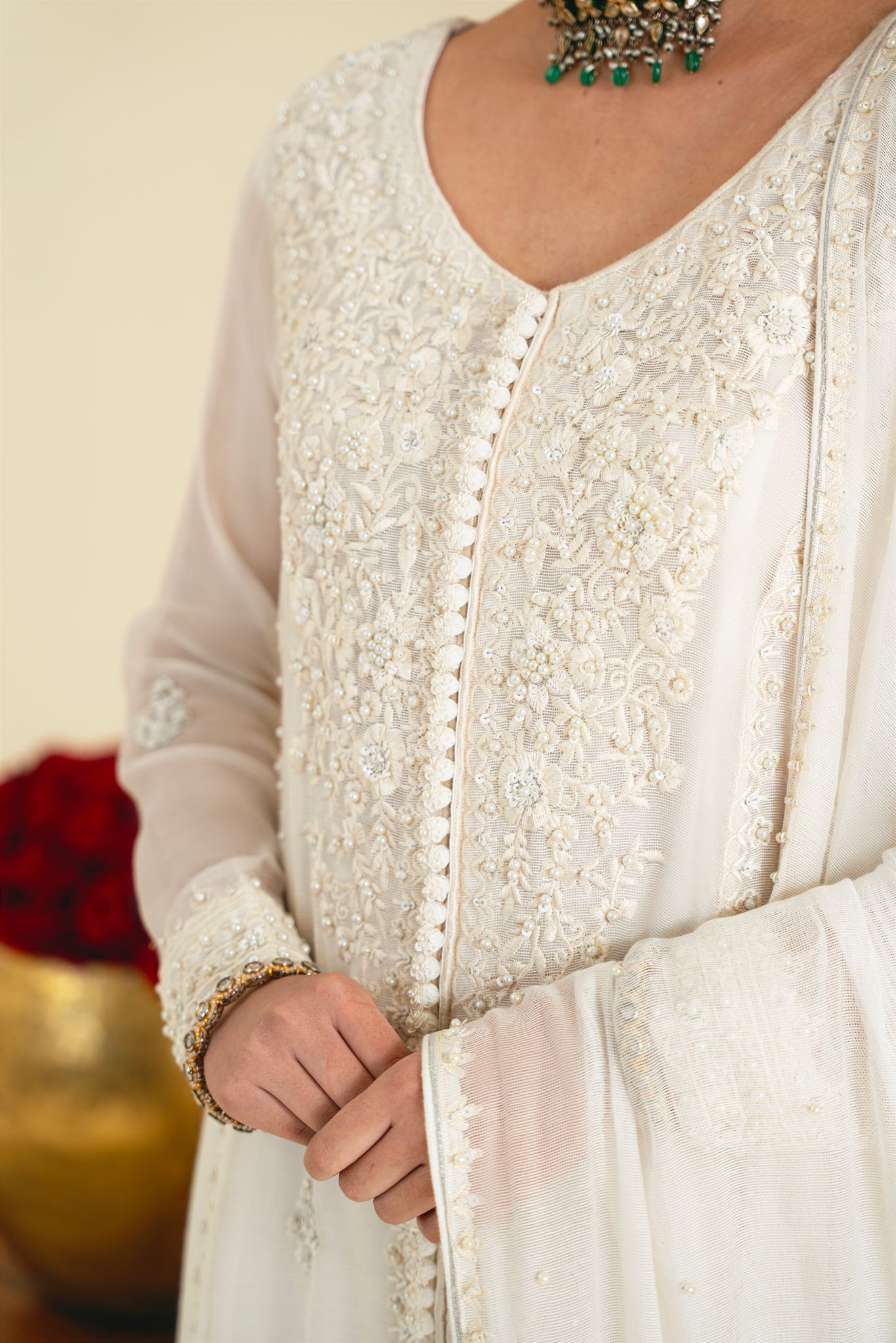 Ivory Embroidered Cotton Net Kalidaar (3-Piece) - Image 5