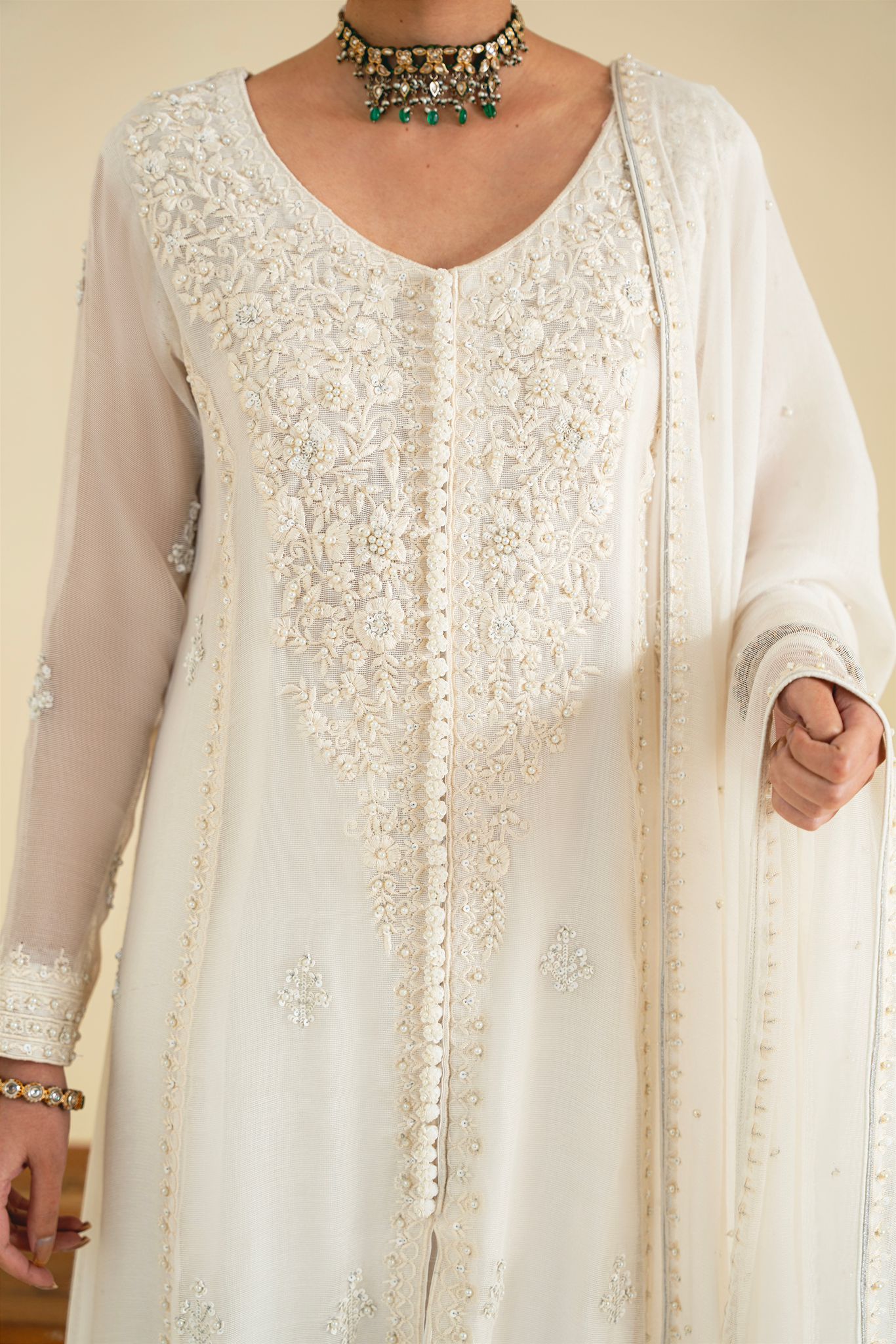 Ivory Embroidered Cotton Net Kalidaar (3-Piece) - Image 6