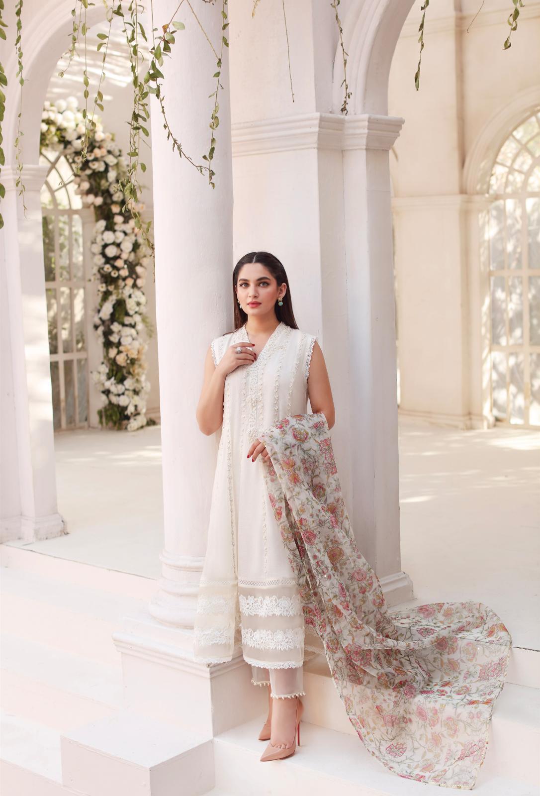 Pakistani Ivory Embroidered Cotton Net Kalidaar (3-Piece) - Image 1