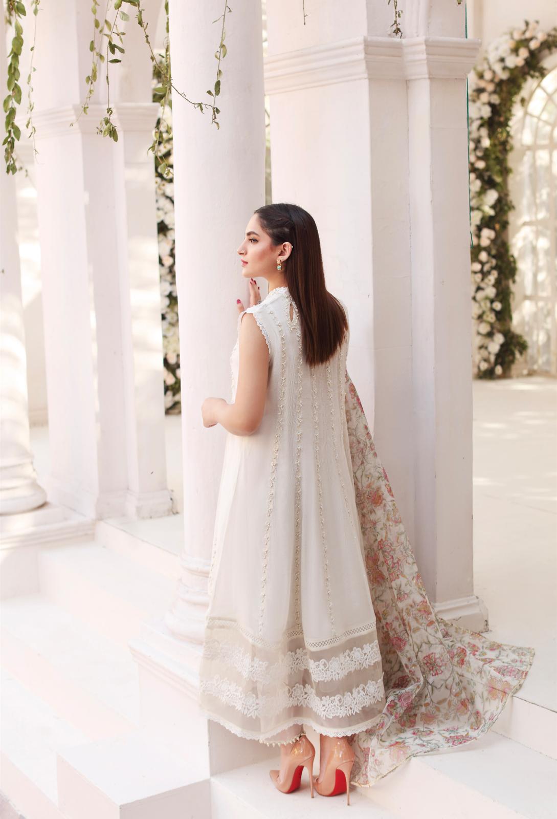 Pakistani Ivory Embroidered Cotton Net Kalidaar (3-Piece) - Image 2