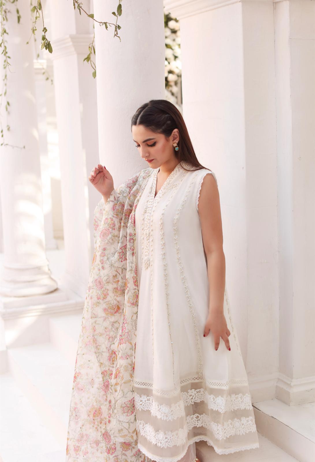 Pakistani Ivory Embroidered Cotton Net Kalidaar (3-Piece) - Image 3