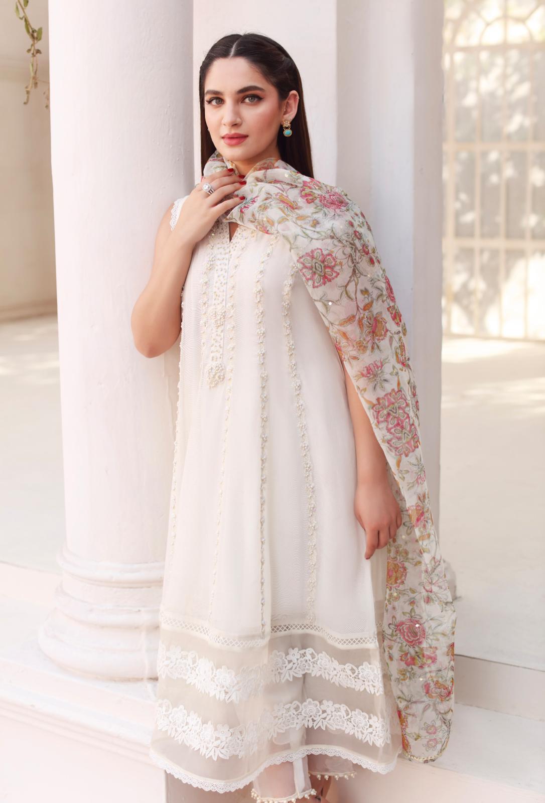 Pakistani Ivory Embroidered Cotton Net Kalidaar (3-Piece) - Image 4