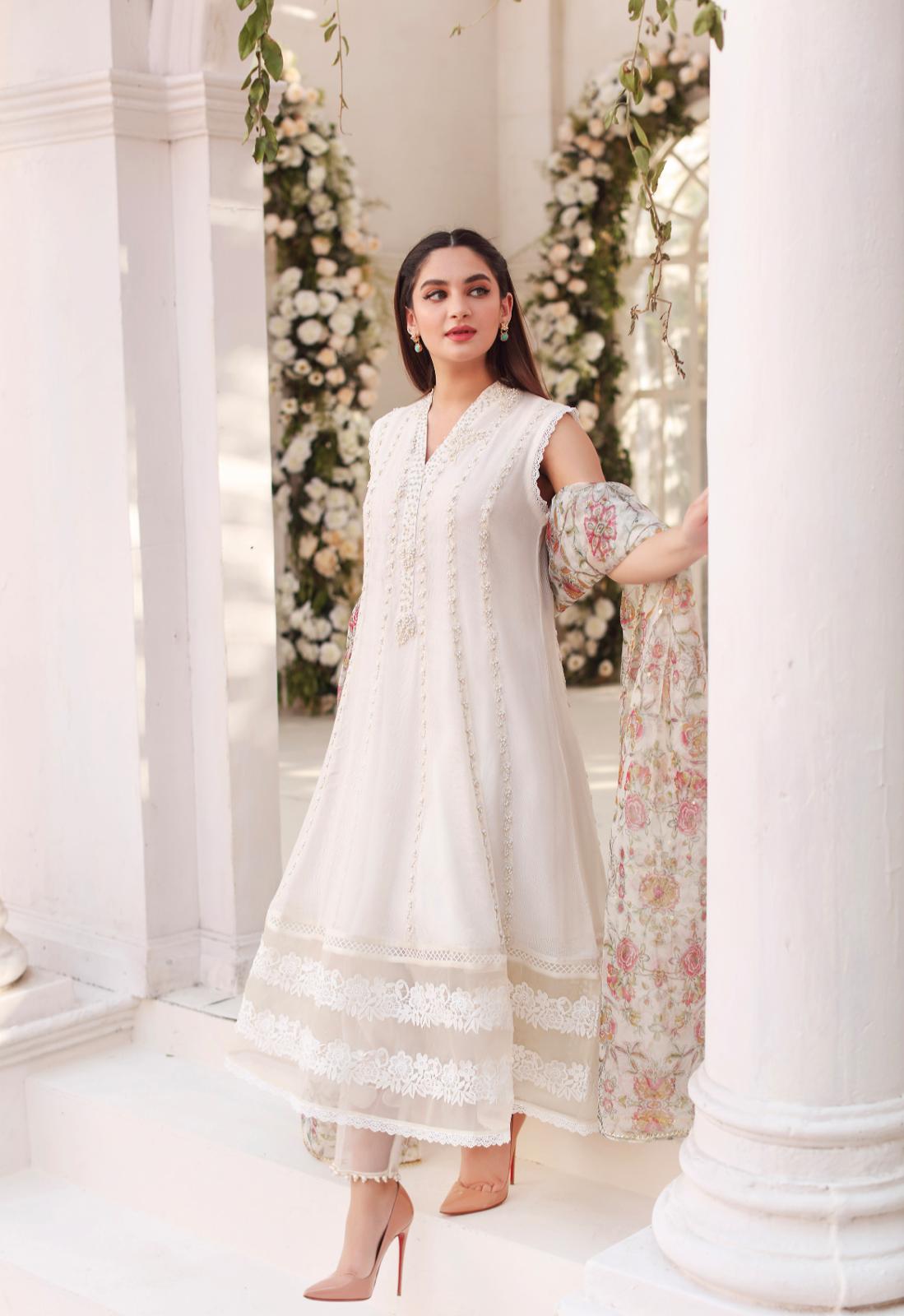 Pakistani Ivory Embroidered Cotton Net Kalidaar (3-Piece) - Image 5