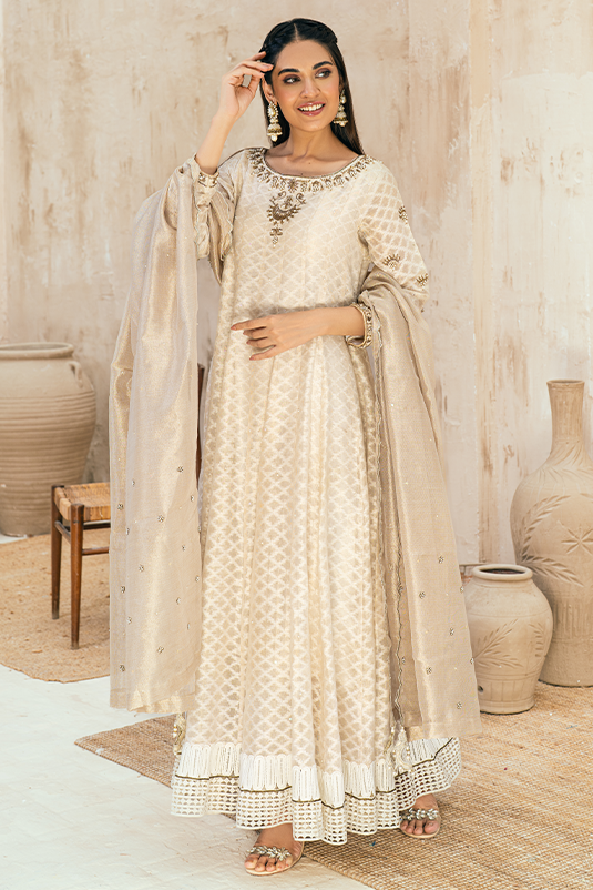 Ivory Embroidered Cotton Net Kalidaar (3-Piece) - Image 3
