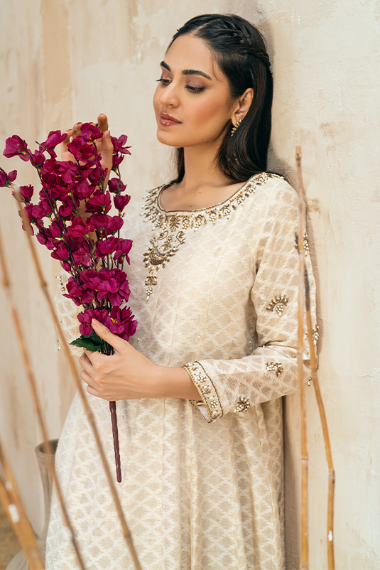 Ivory Embroidered Cotton Net Kalidaar (3-Piece) - Image 4