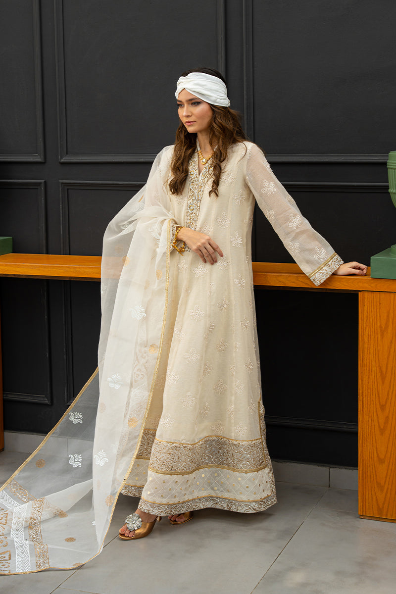 Pakistani Off-White Block-Printed Cotton Organza Kalidar (3-Piece) - Image 12