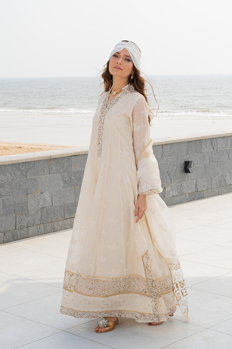 Pakistani Off-White Block-Printed Cotton Organza Kalidar (3-Piece) - Image 13