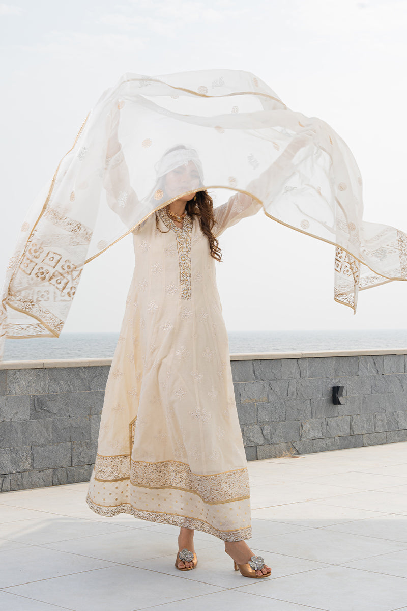 Pakistani Off-White Block-Printed Cotton Organza Kalidar (3-Piece) - Image 14