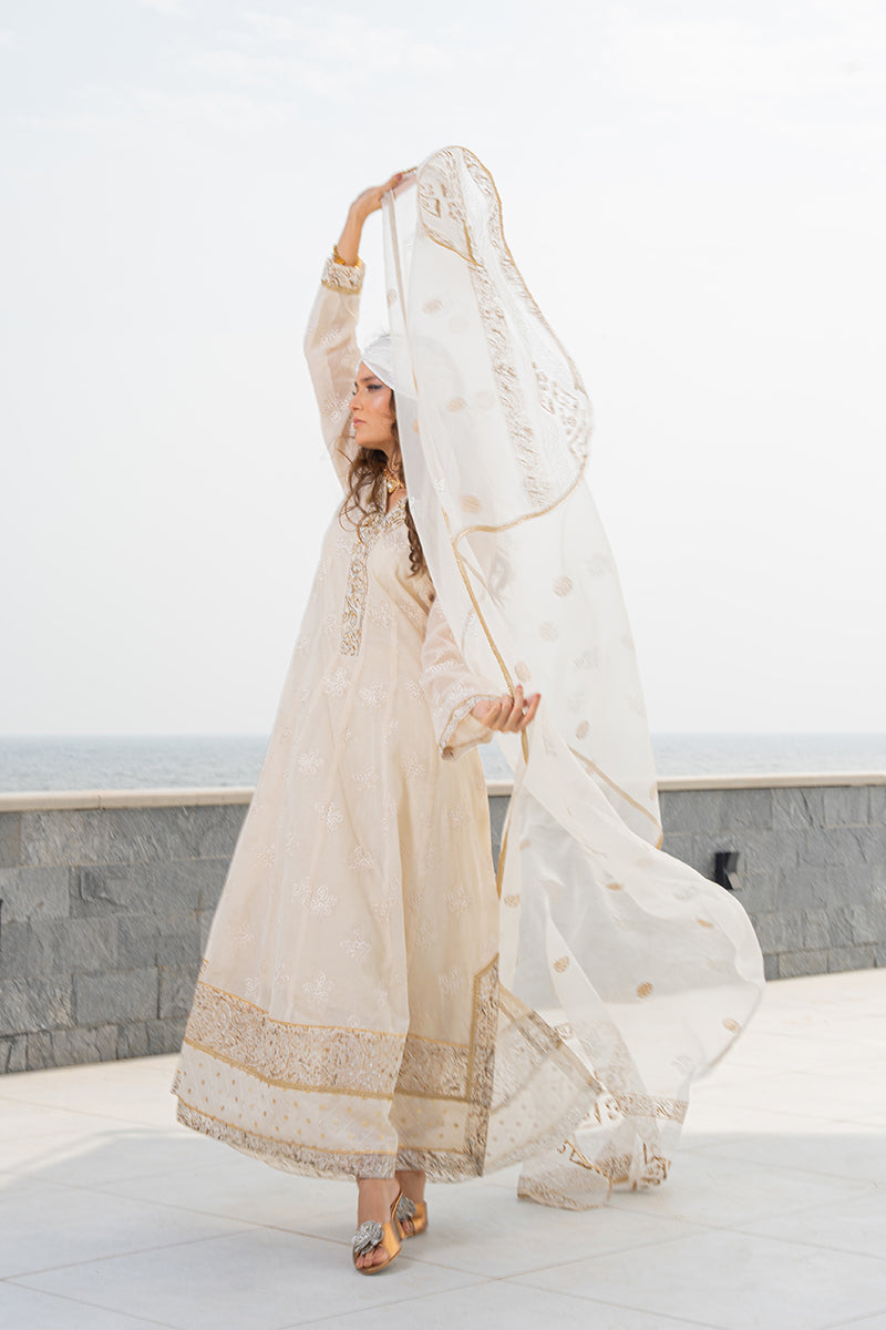 Pakistani Off-White Block-Printed Cotton Organza Kalidar (3-Piece) - Image 15