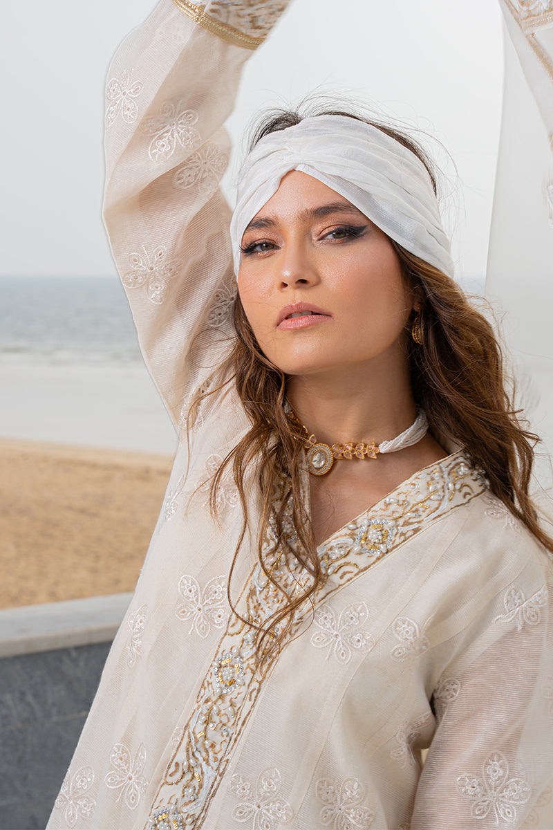 Pakistani Off-White Block-Printed Cotton Organza Kalidar (3-Piece) - Image 2