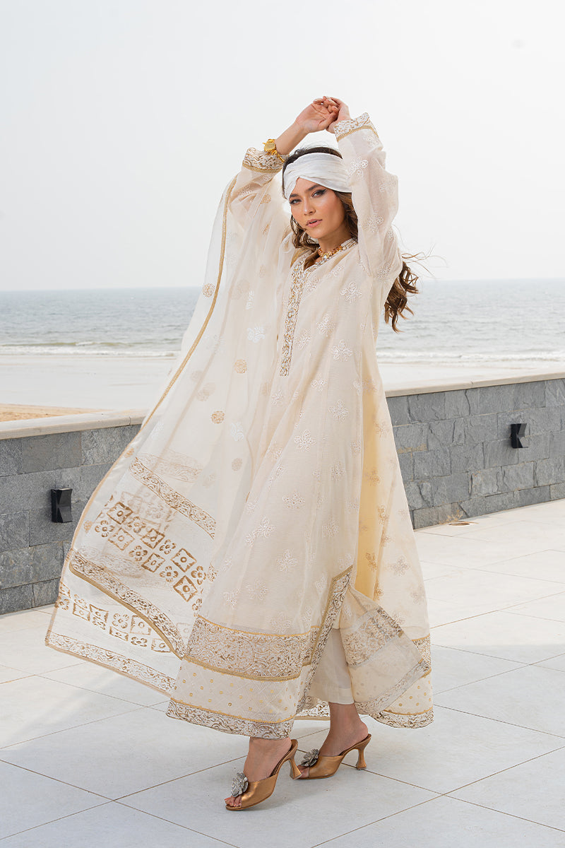 Pakistani Off-White Block-Printed Cotton Organza Kalidar (3-Piece) - Image 7