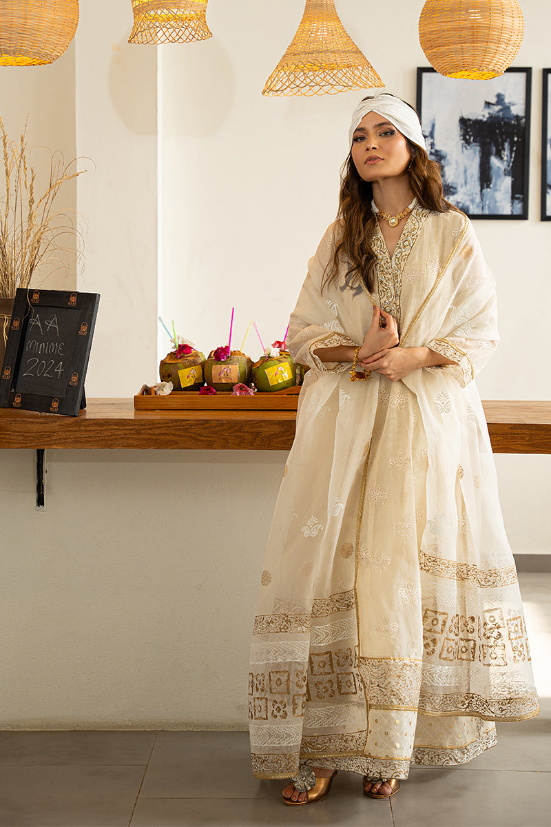 Pakistani Off-White Block-Printed Cotton Organza Kalidar (3-Piece) - Image 8