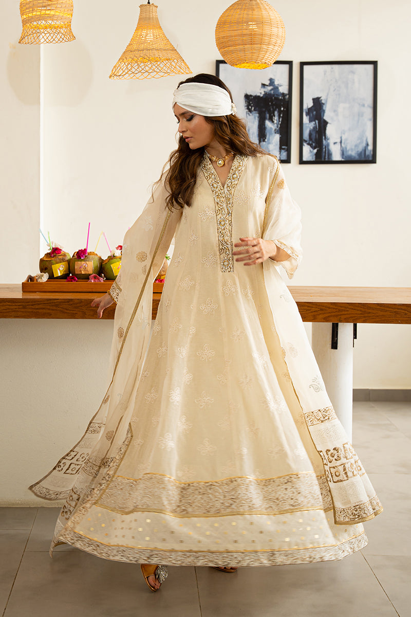 Off-White Block-Printed Cotton Organza Kalidar (3-Piece) - Image 1