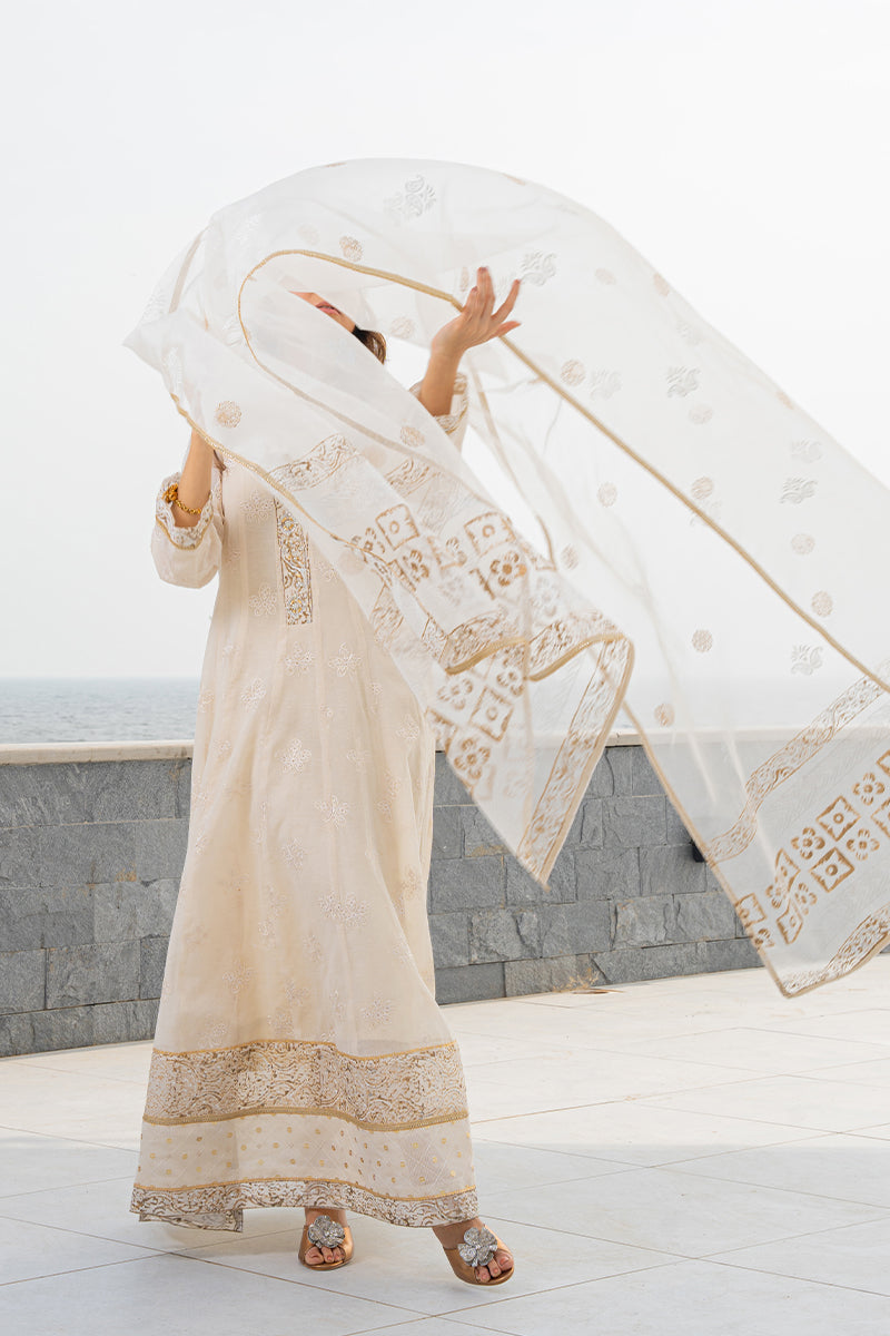 Off-White Block-Printed Cotton Organza Kalidar (3-Piece) - Image 15