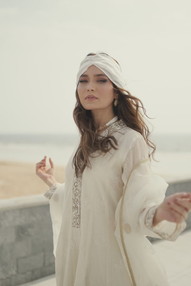 Off-White Block-Printed Cotton Organza Kalidar (3-Piece) - Image 19