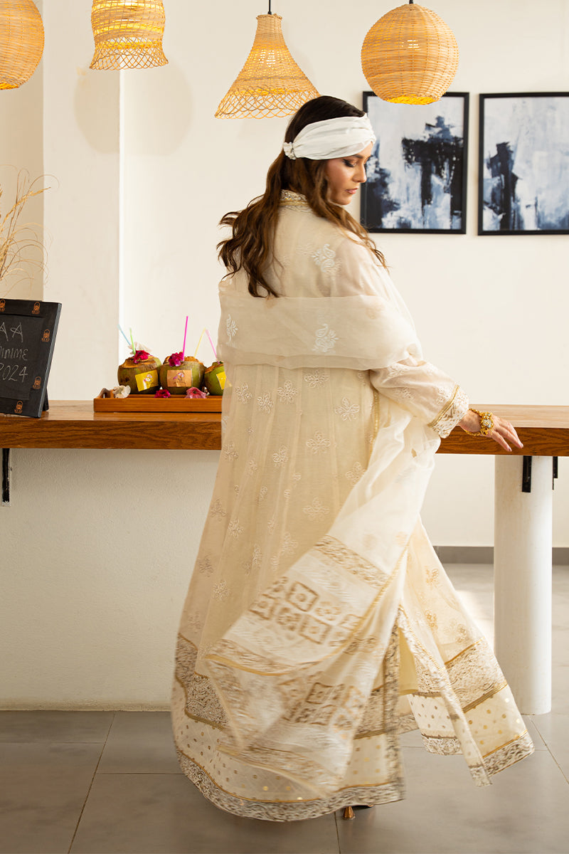 Off-White Block-Printed Cotton Organza Kalidar (3-Piece) - Image 6