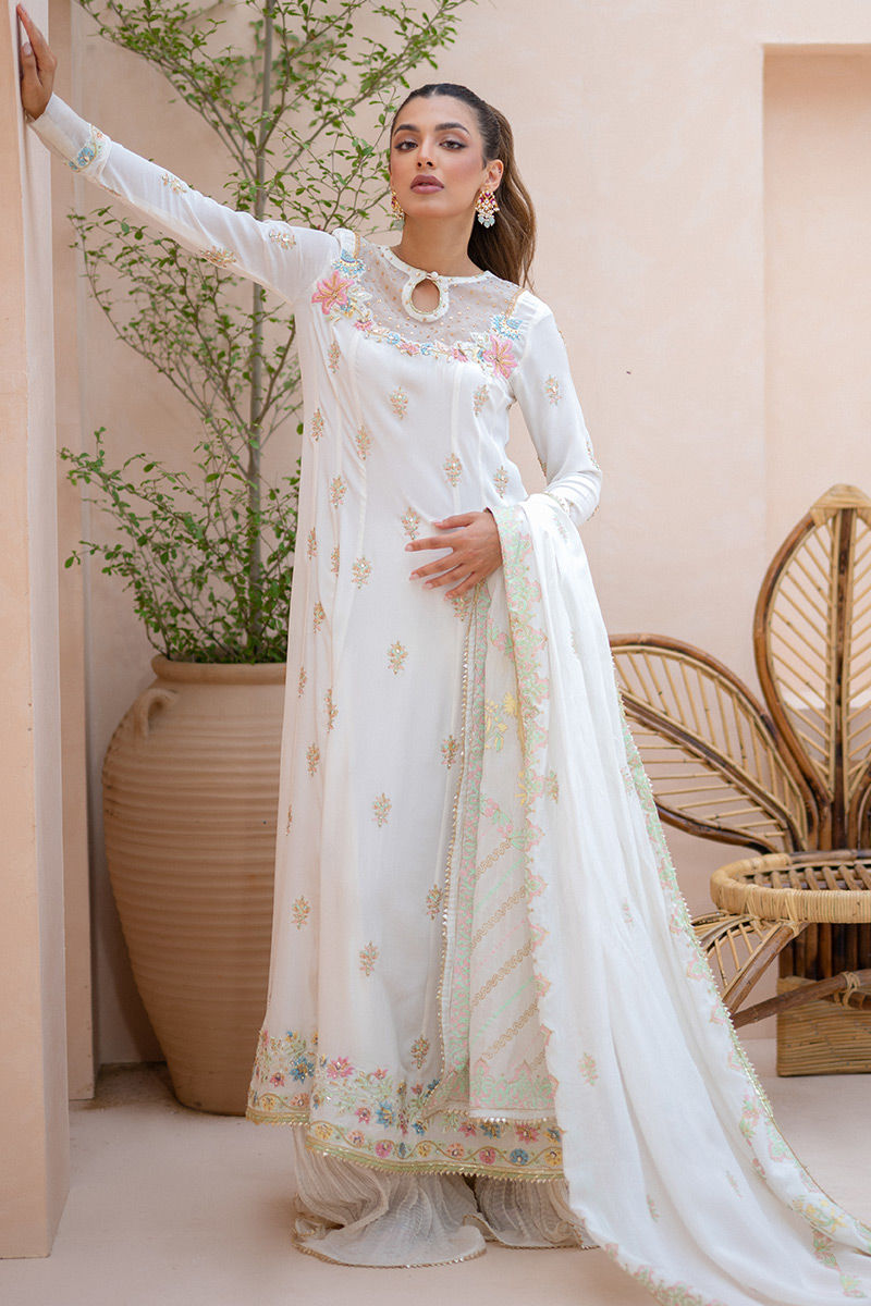 Pakistani Ivory Pastel Embroidered Crepe Silk Kalidar (3-Piece) - Image 1