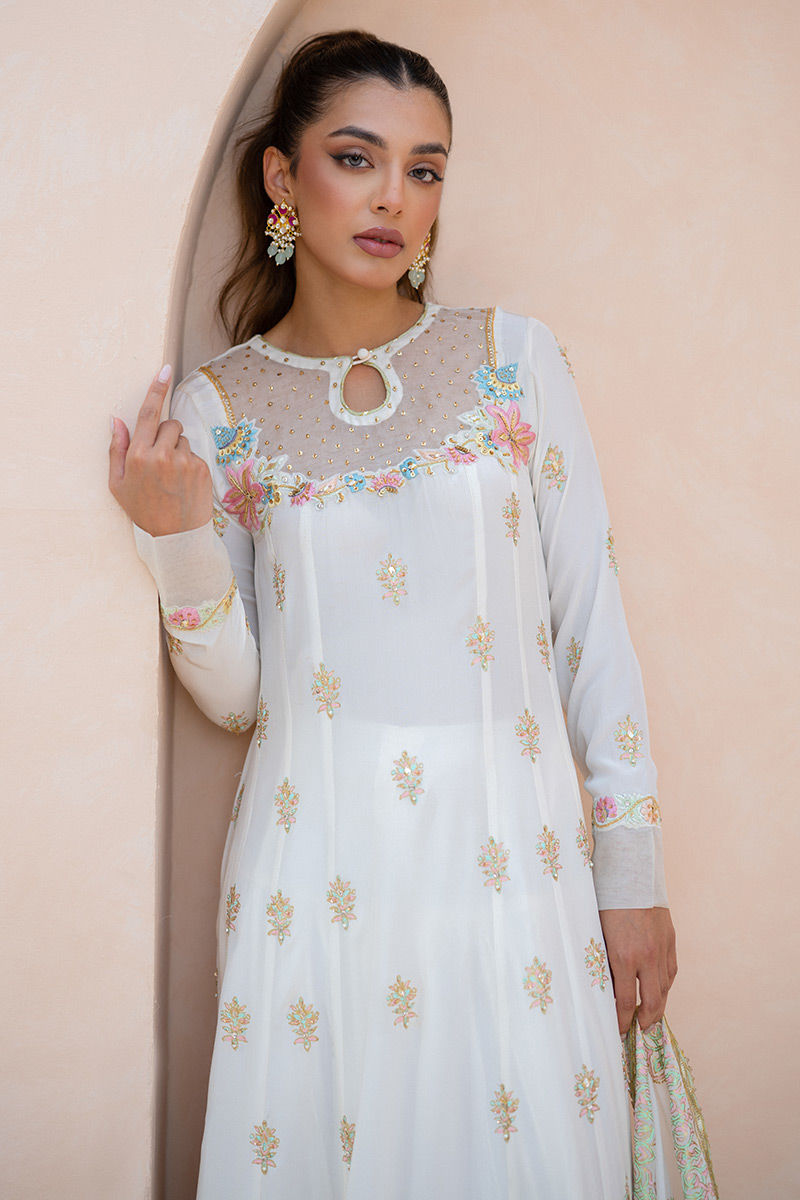 Pakistani Ivory Pastel Embroidered Crepe Silk Kalidar (3-Piece) - Image 2