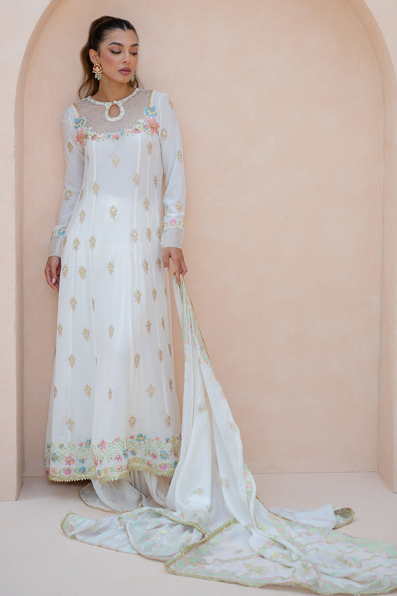 Pakistani Ivory Pastel Embroidered Crepe Silk Kalidar (3-Piece) - Image 5