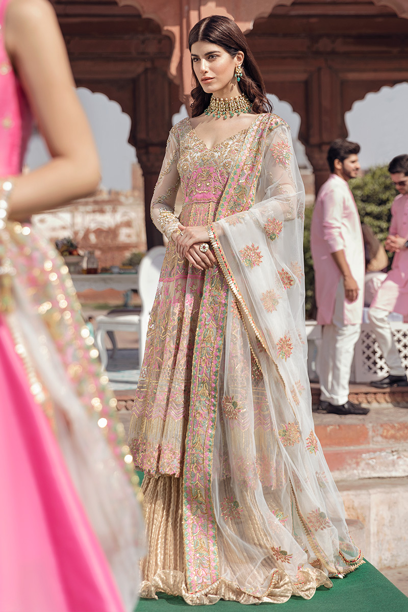 Pakistani Ivory Embroidered Kalidaar with Crushed Tissue Skirt (3-Piece) - Image 1