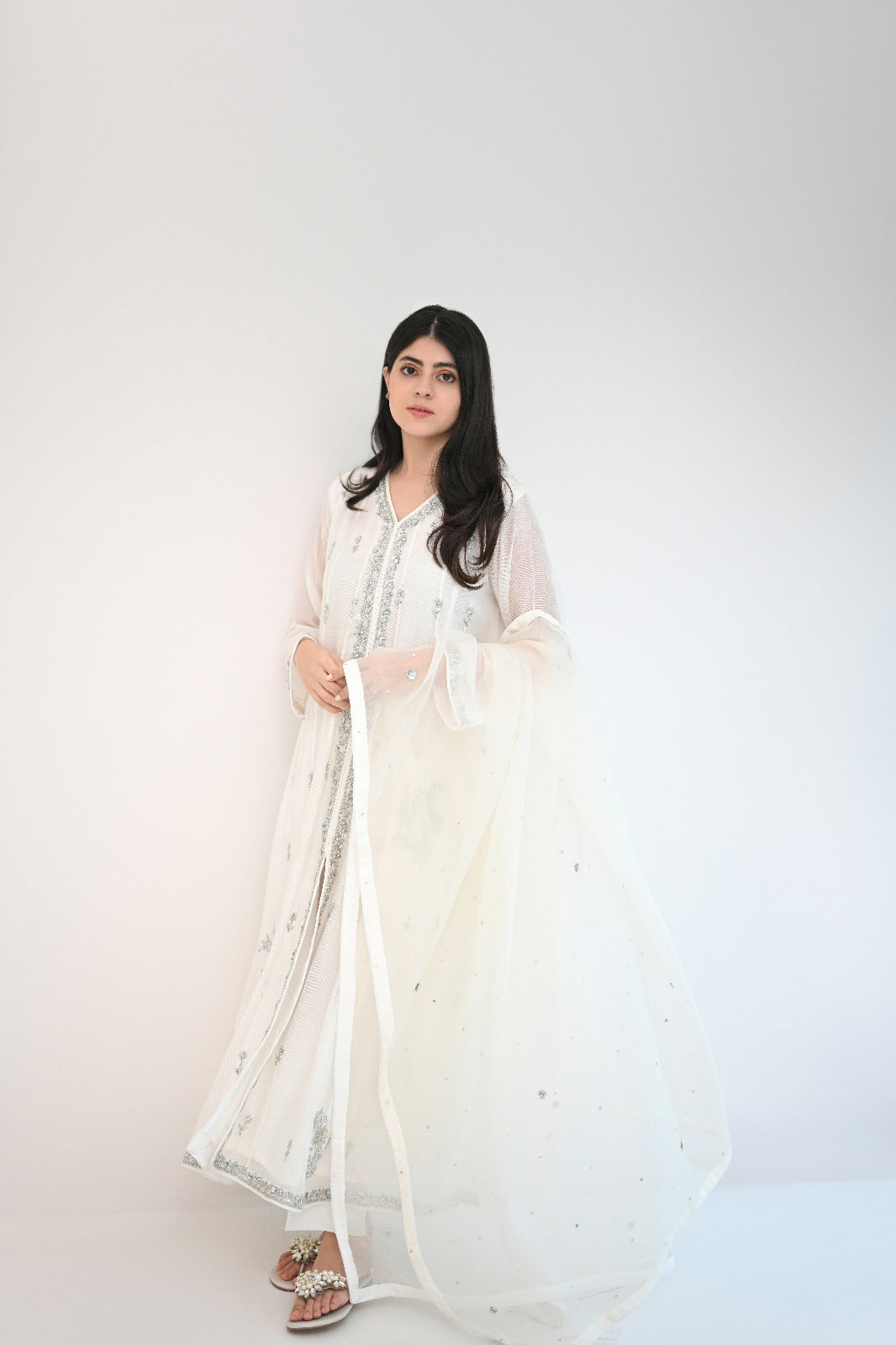 Pakistani Ivory Ada Work Handloom Cotton Net Kalidaar (3-Piece) - Image 1