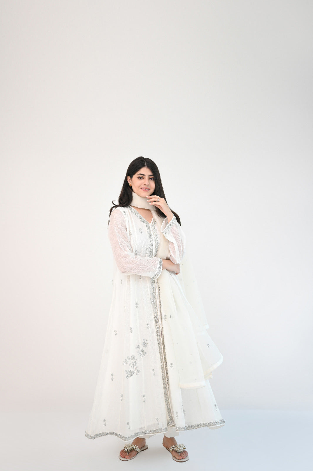 Pakistani Ivory Ada Work Handloom Cotton Net Kalidaar (3-Piece) - Image 3