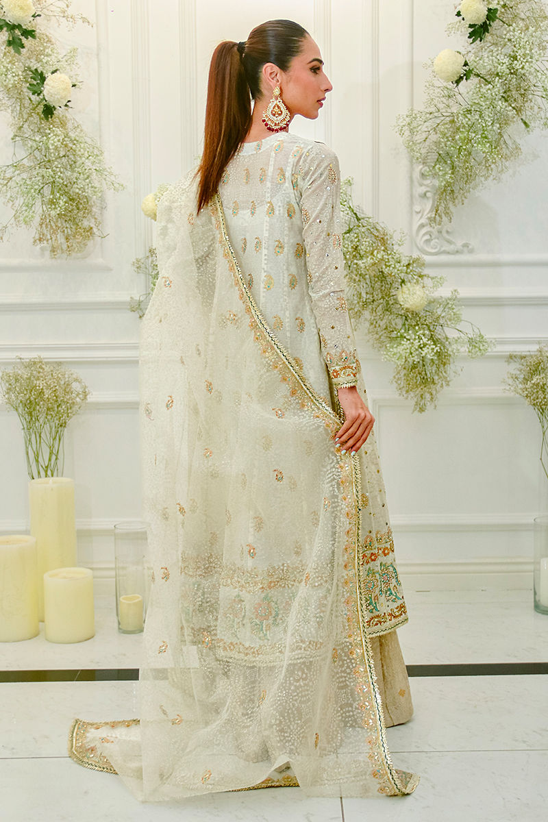 Pakistani Ivory Block Printed Kattan Silk Kalidar (3-Piece) - Image 3