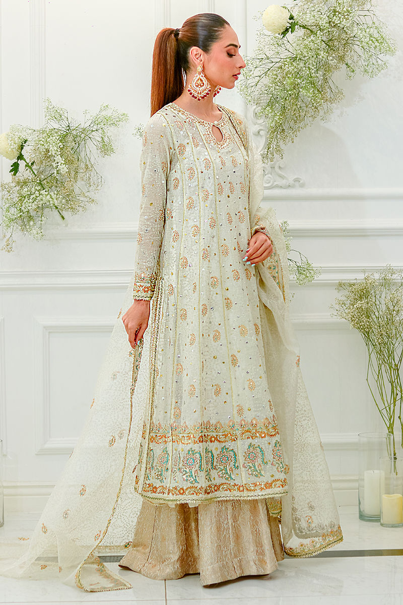 Pakistani Ivory Block Printed Kattan Silk Kalidar (3-Piece) - Image 4