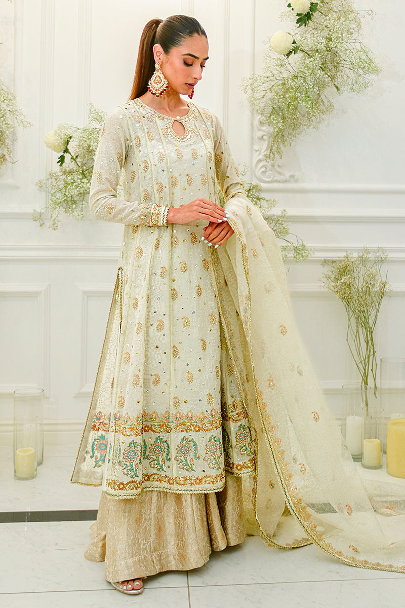 Pakistani Ivory Block Printed Kattan Silk Kalidar (3-Piece) - Image 5