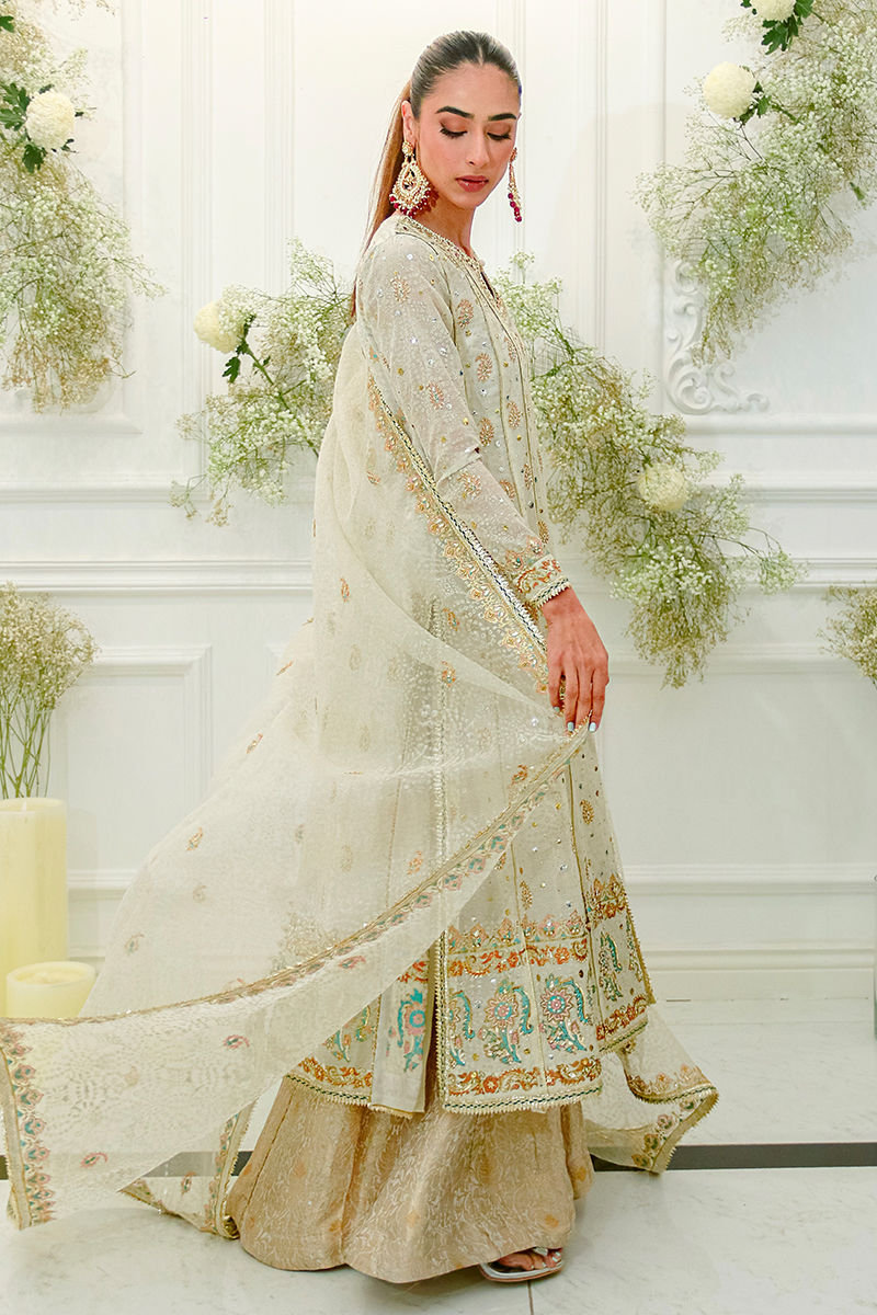 Pakistani Ivory Block Printed Kattan Silk Kalidar (3-Piece) - Image 6