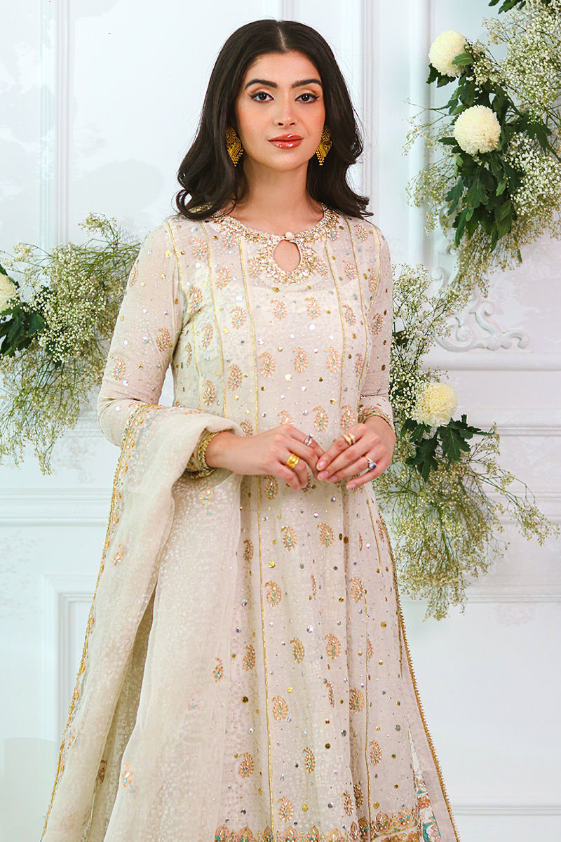 Ivory Block Printed Kattan Silk Kalidar (3-Piece) - Image 4